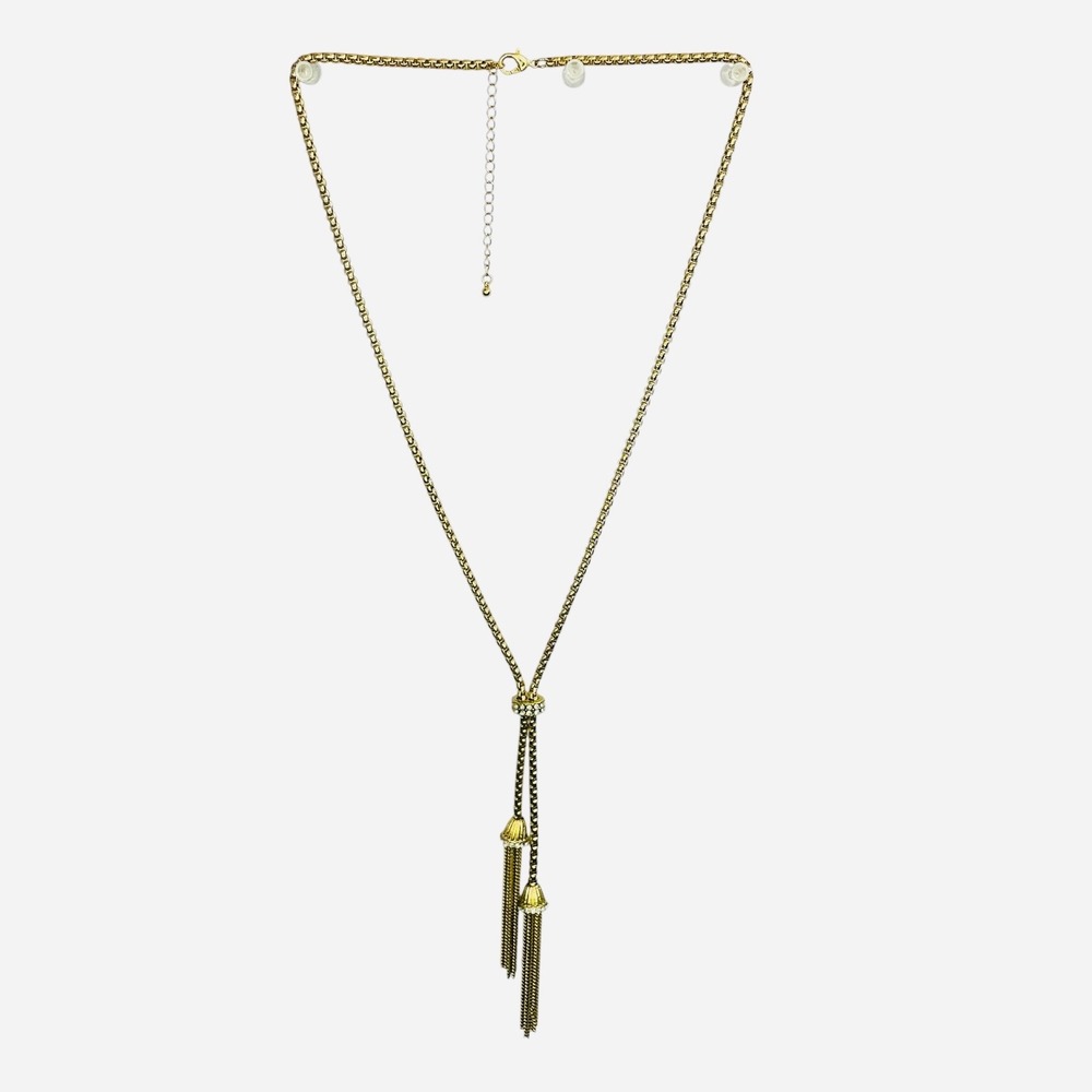 Gold Tone Rhinestone Lariat Tassel Necklace Box Chain Tiered Fringe Statement
